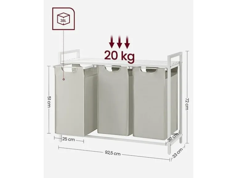 VASAGLE Wäschekorb mit Ablage 3 x 38 l, Weiss